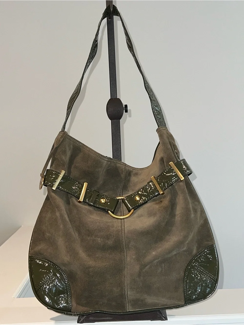 a.n.a Genuine Suede Hobo Shoulder Bag – Taupe & Olive Green Patent Leather